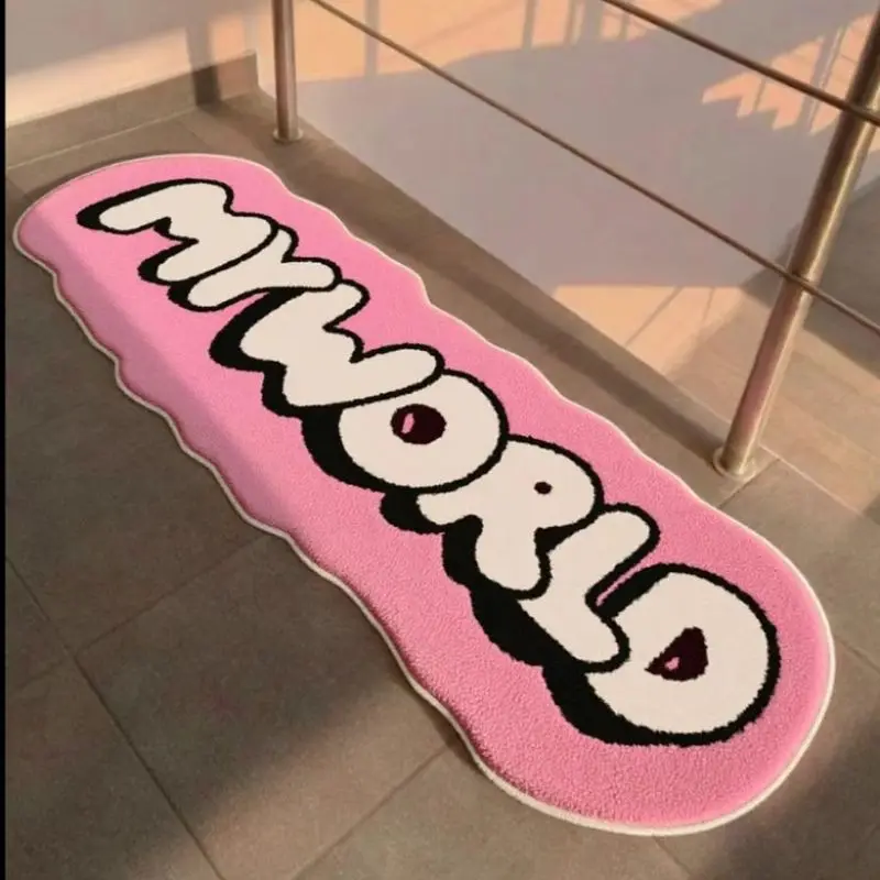 VIKAMA Pink Bubble Letter MY WORLD Area Rug Y2K Graffiti Style Non‑Slip Soft Floor Mat for Bedroom Dorm Home Decor