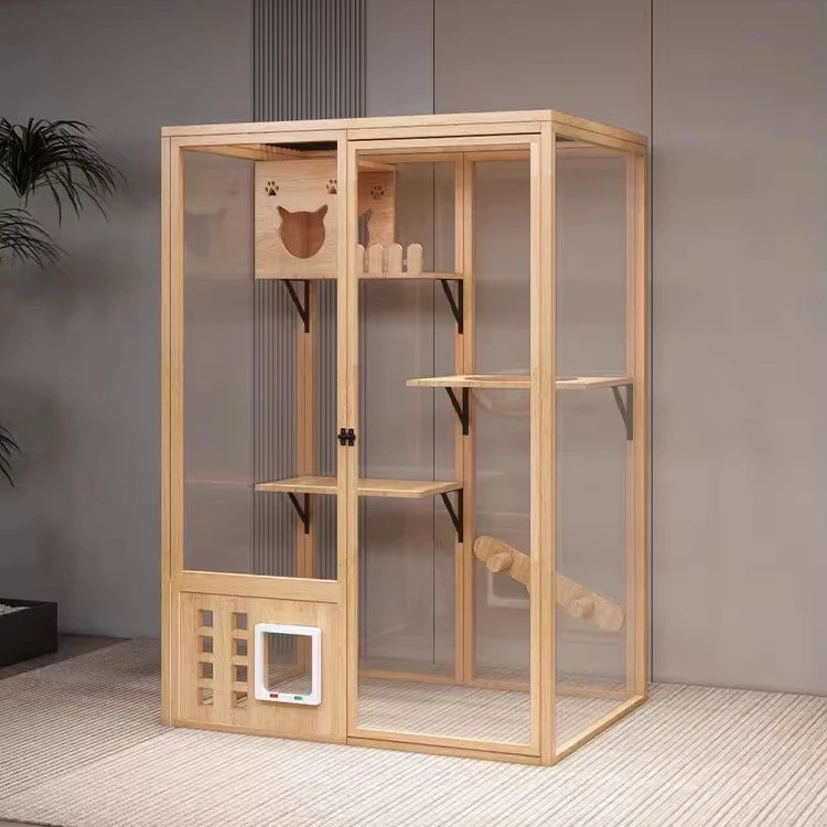 

6000 Series New Design Panoramic Tempered Glass Square Cat Crawling Cabinet Wood Frame Cat House Bending Cutting Welding
