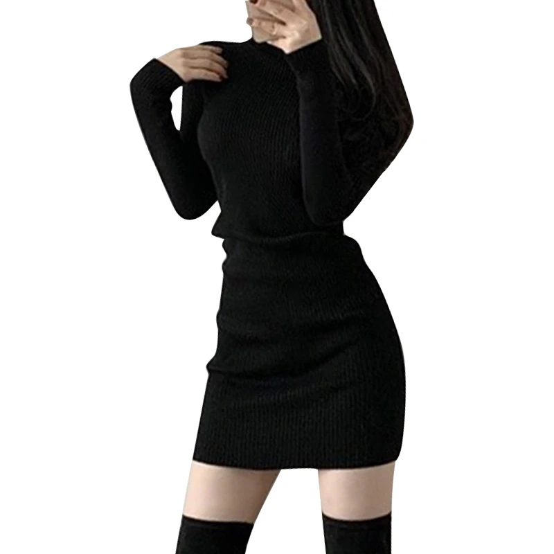 Vestido de malha e com gola alta, camada de base slim fit fena, saia curta envolvente, primavera outono, vestido s...