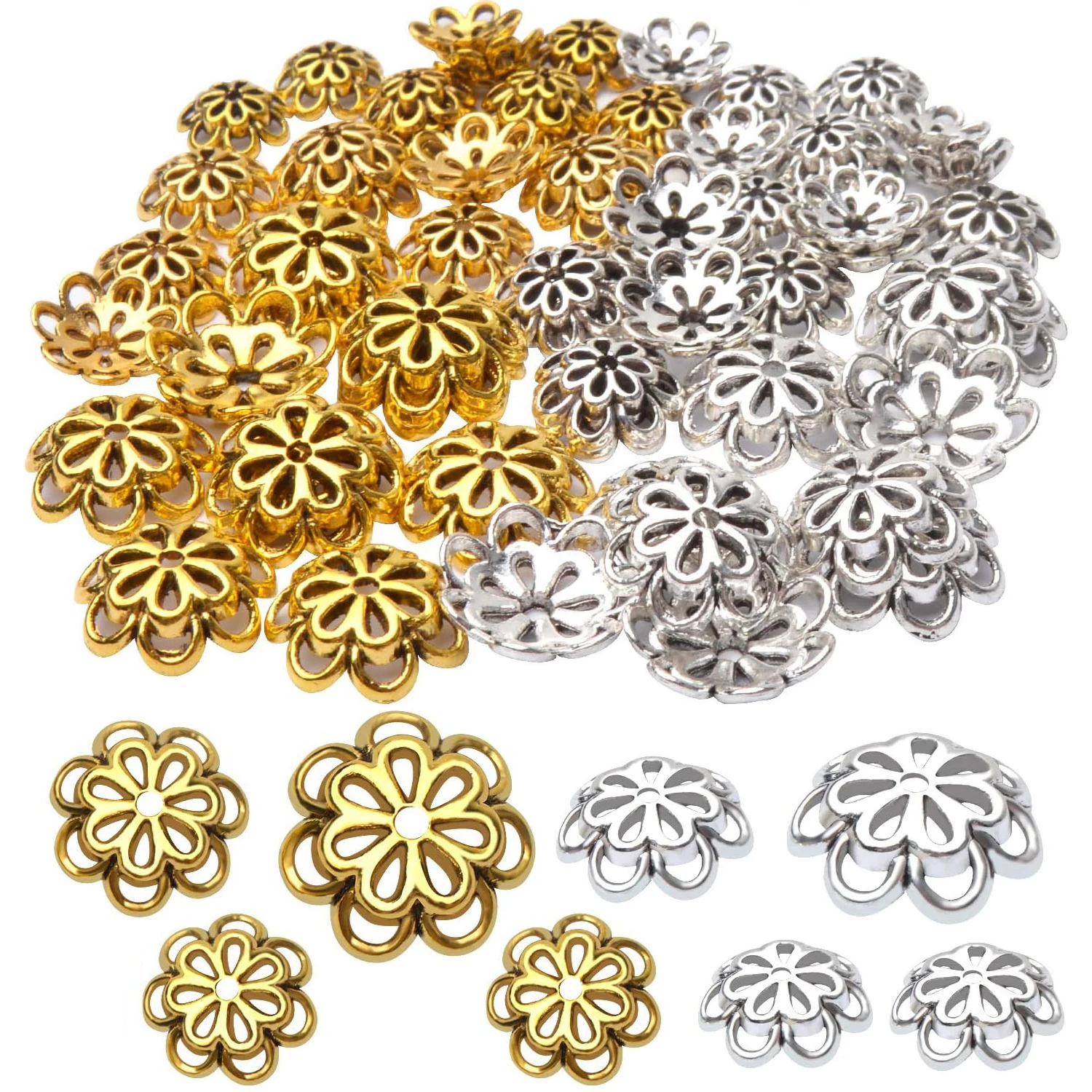 

Заглушки-разделители из сплава для бусин - 60 шт., полые, с двойным цветком, под старинное золото и серебро, 10-15 мм, для изготовления украшений