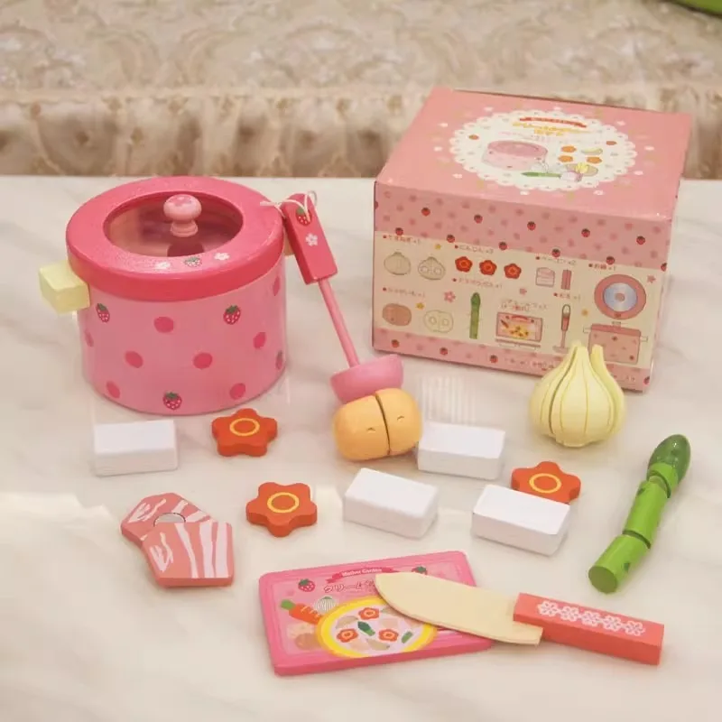 

Hot Pot Wooden Toys Kitchen Cook Prentend Play House Toy Simulation Vegetable Play Food Tofu Knife Pan Set Birthday Gift