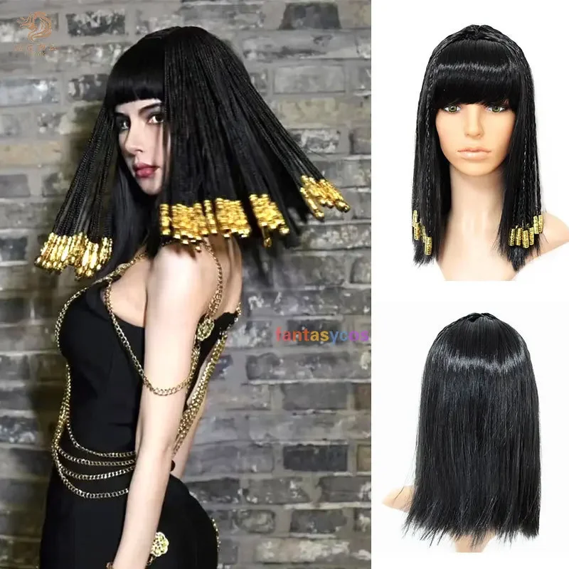 Pelucas negras de reinas de Egipto, peluca de Cosplay de Cleopatra egipcia con diadema de serpiente, accesorios, tocado de diosa egipcia, disfraces