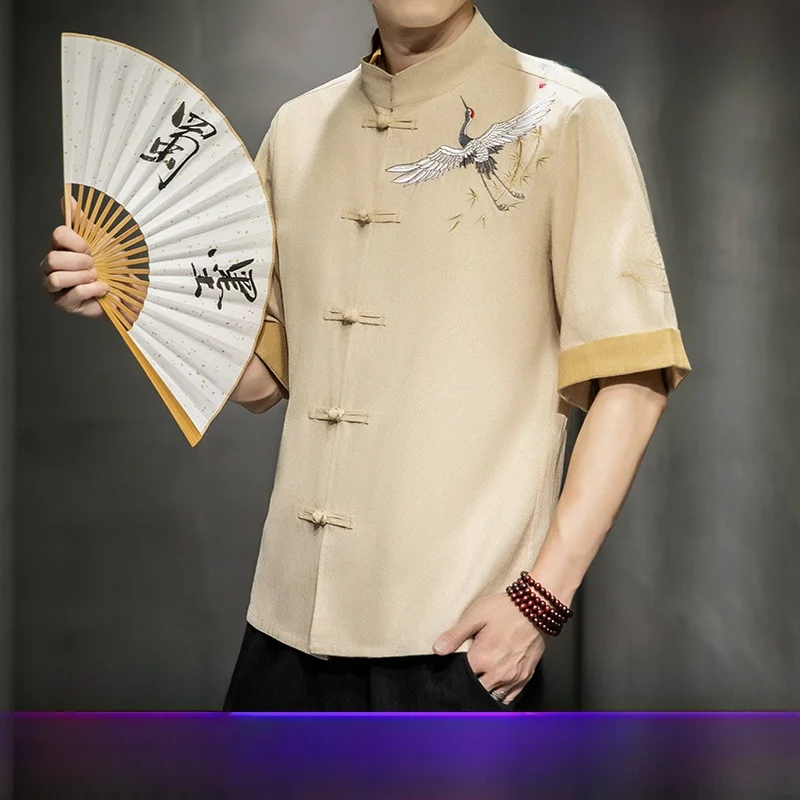 

Short Sleeve Embroidered Shirt Standard Fit Fashion Urban Men's Workwear Tailor Made Cotton Linen Blend Summer No Iron