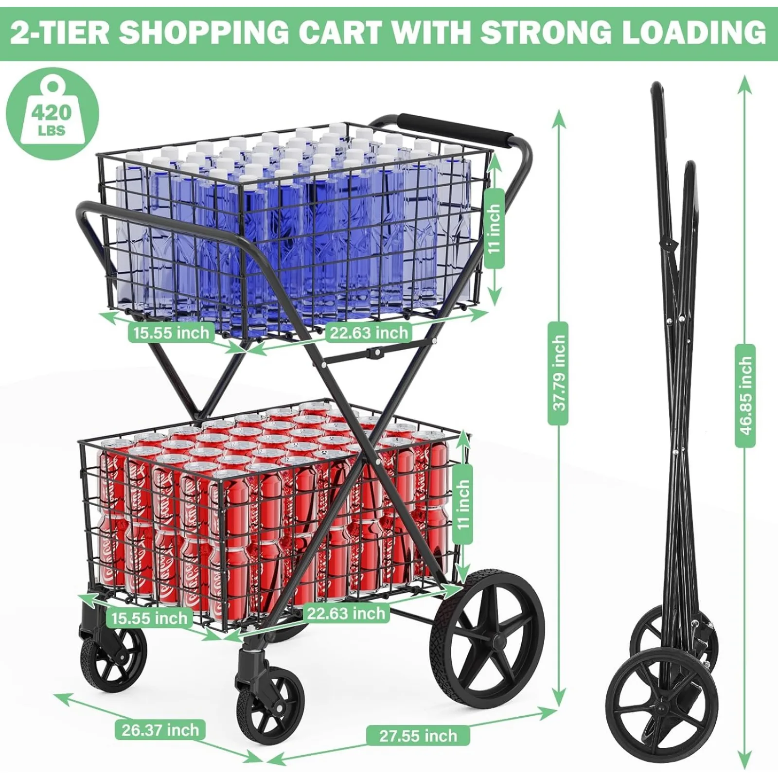 US 420LBS Extra Large Shopping Cart for Groceries, Grocery Cart with Removable Storage Basket, 360° Rolling Swivel Wheels