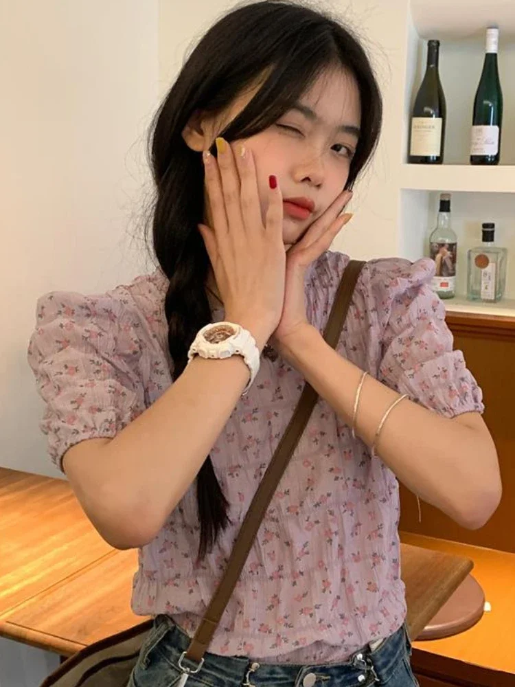 

Блузки женские с цветочным принтом и пышными рукавами, элегантные, с круглым вырезом, летние, милые, повседневные, простые, дышащие, уютные, Ulzzang, универсальные для студентов, модные