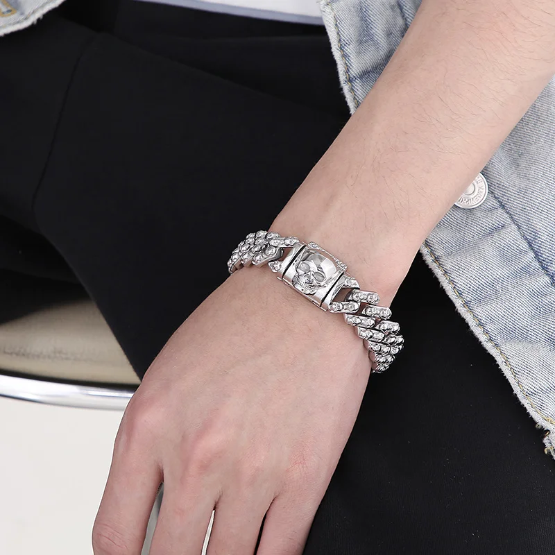 Gothic Skeleton Skull Link Chain Bracelet Mens Stainless Steel Jewelry Bangle 16mm 8.66 Inch 108g Weight Heavy