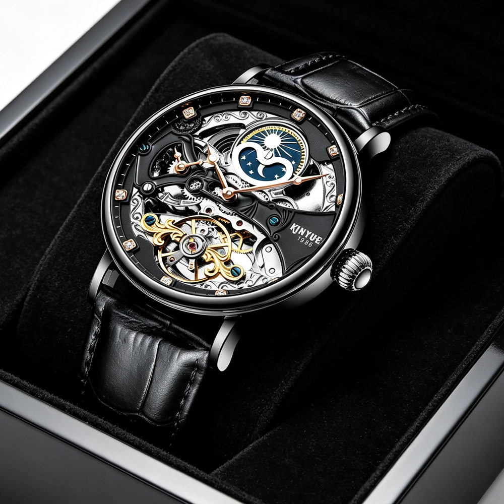 KINYUED Mens Watch Business Leather Strap Reloj Hollow out Mechanical Automatic Wristwatch Waterproof Tourbillon Watch For Man