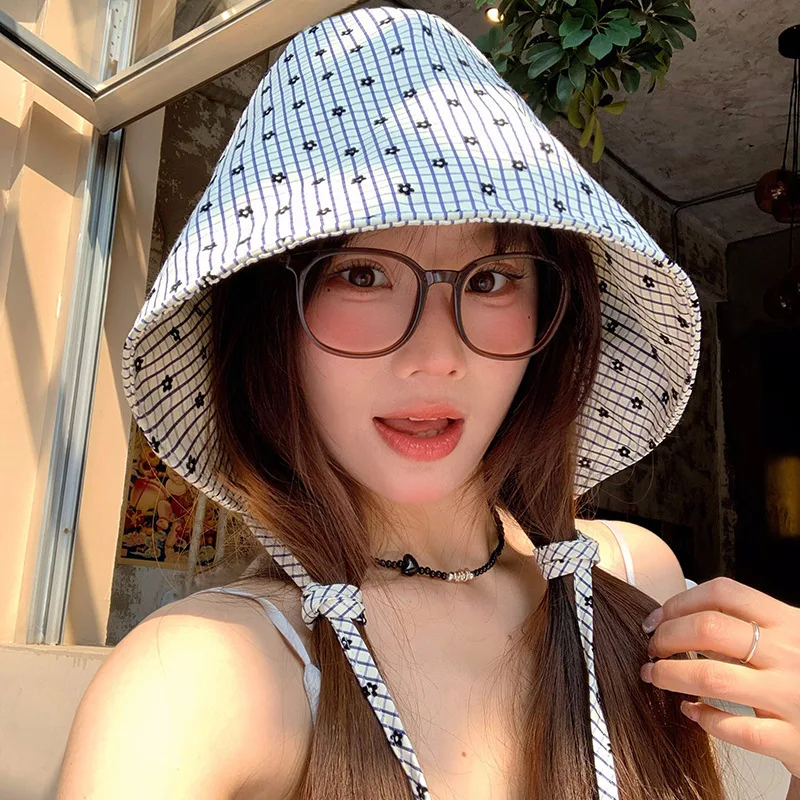 Plaid Floral Wide Brim Bucket Hat, French Sun Protection Basin Cap, Women Outdoor Summer Face Cover Hat