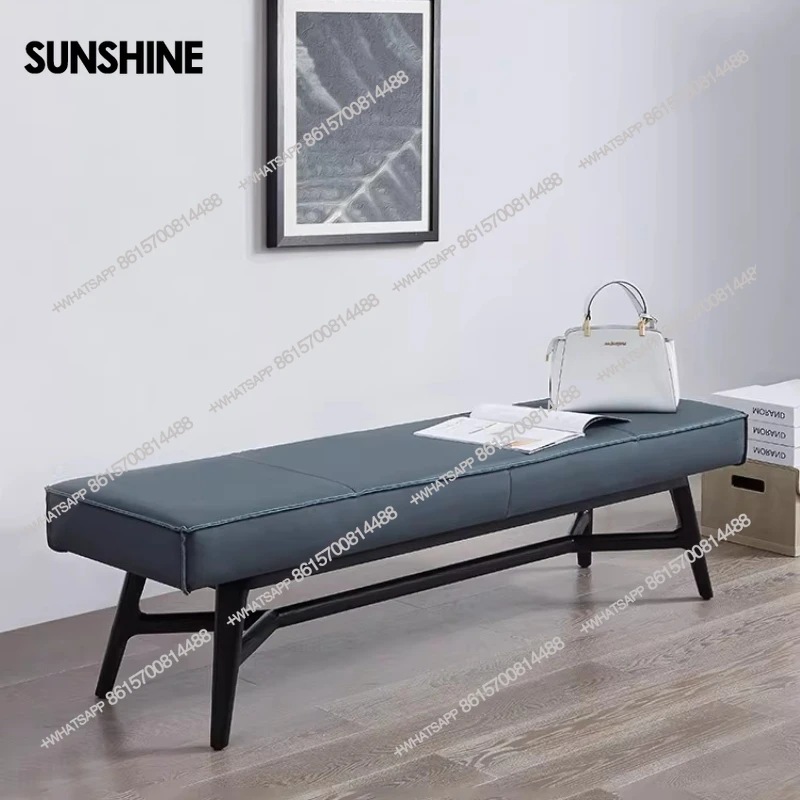 

Italian modern bedroom light luxury bed minimalist rectangular solid wood bed stool