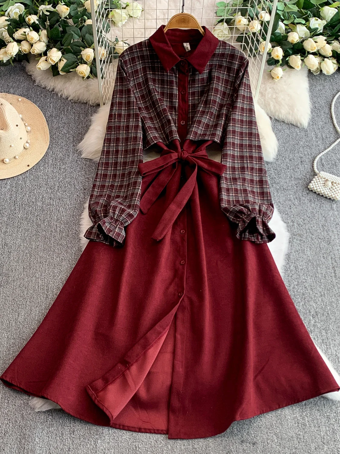 Retro Plaid irt Kragen Dr frauen Frühling Herbst Einzigen Taste Abnehmen Langen Rock Hohe Taille A-Line Dr Taste Verschluss