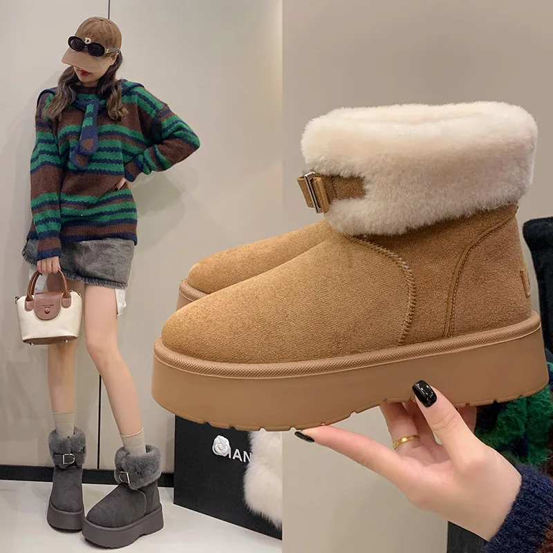 

Winter Snow Boots Women's 2025 New Thick Heel Retro Fur Lined Warm Short Boot Trendy Slip-On Booties Rubber Outsole round Toe