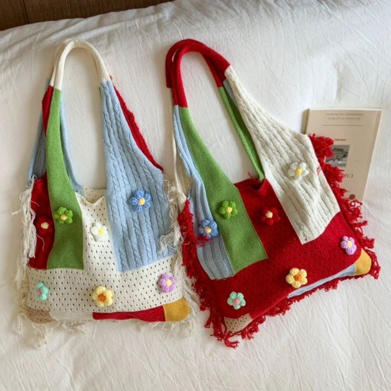 

Ditsy Floral Crochet Knit Underarm Shoulder Bag,Tassel Contrast Color Women Tote Bag,Fringed Ethnic Style Woven Women Handbag