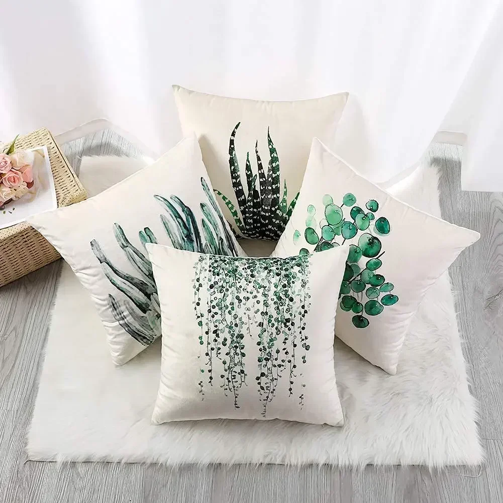 Green Plant Leaf Short Plush Cushion Cover Upholstery, Pillowcase Home Decor, Suitable for Sofa, Car, Bedroom 40x40 45x45 50x50