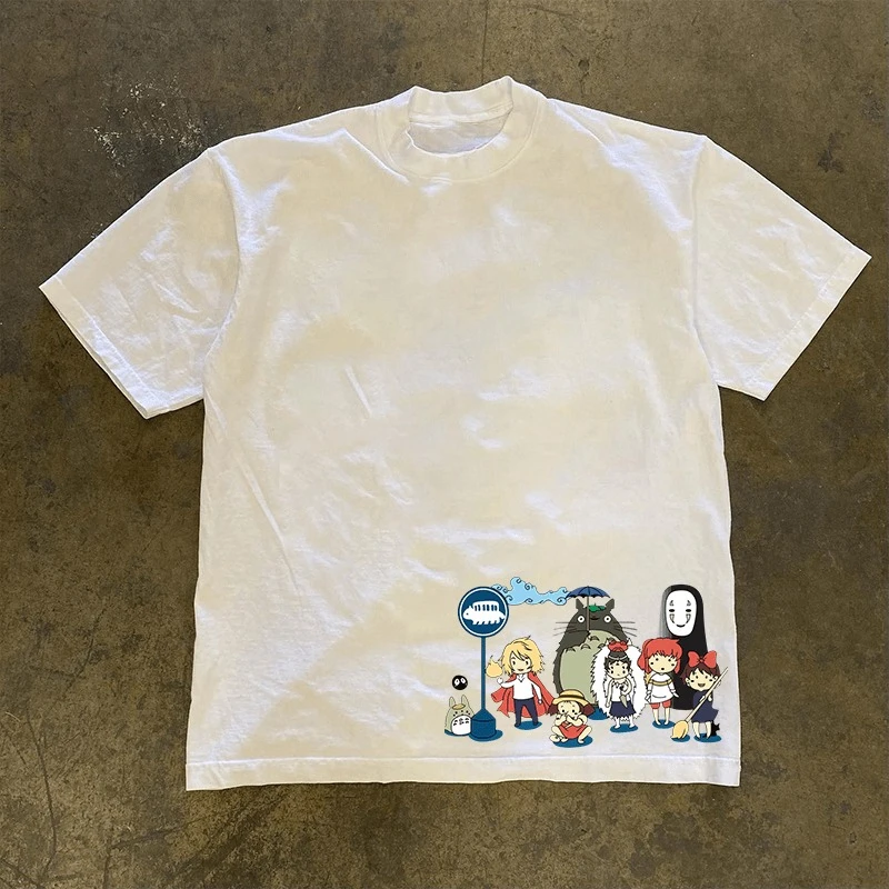 만화 프린팅 헤비 코튼 반팔 티셔츠 남녀 공용 트렌드 탑, 스포츠 및 레저 인기 남녀 공용