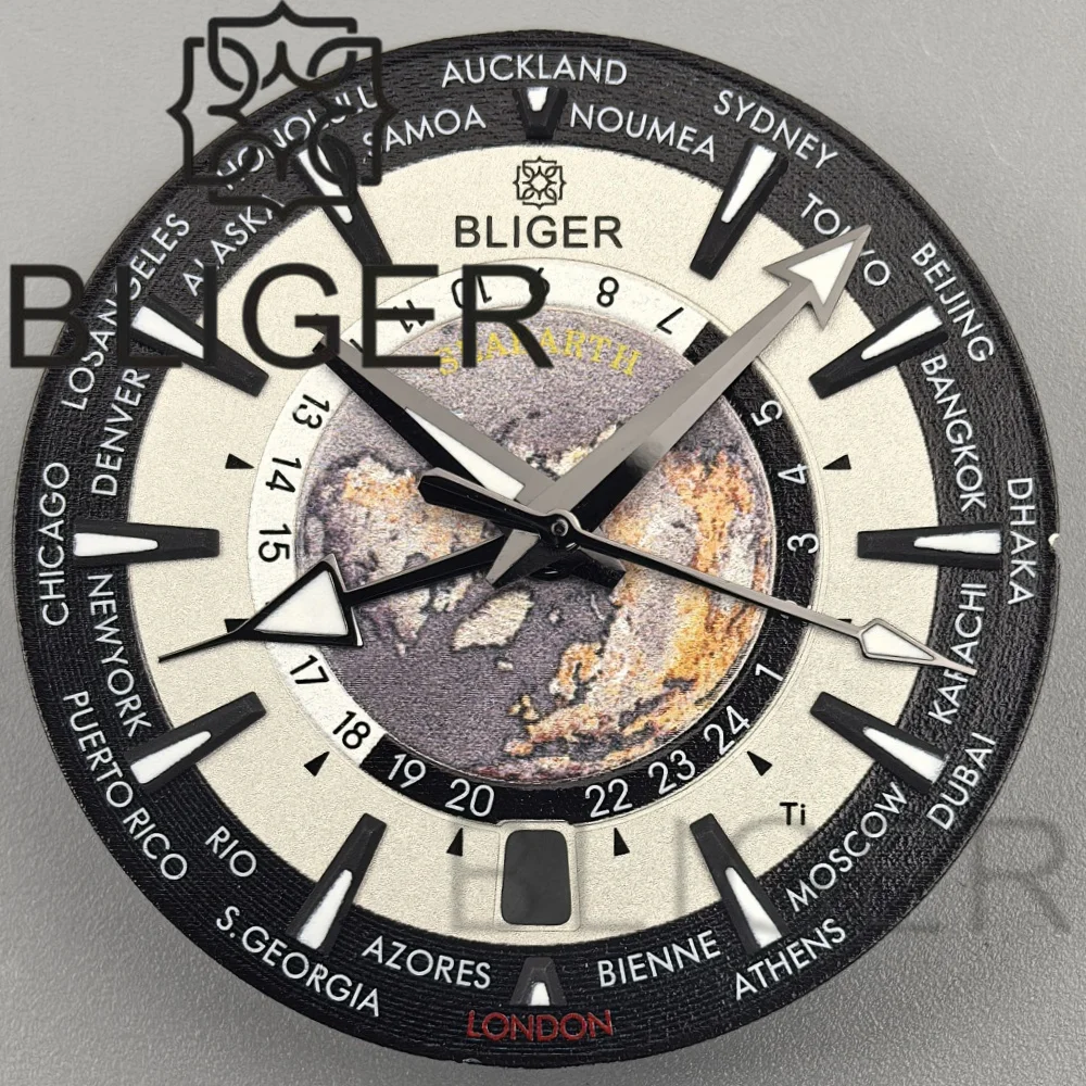 BLIGER 33.5mm Earth Map Watch dial C3 Green luminous blue green black dial 6 o 'clock date green luminous with NH35 movement