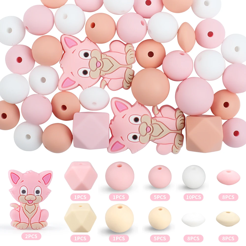 50Pcs Cute Cat Silicone Beads Set Round Hexagonal Lentil Focal Beads Set DIY KeyChain Chain Necklace Bracelet Jewellery Toys