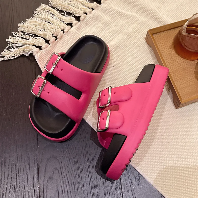Fashion Street Slippers Women's Summer Sandals Contrasting Color Metal Buckle Versatile Casual Thick Sole Outdoor Slippers
