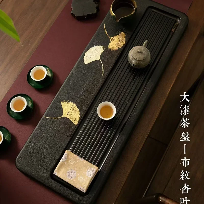 Japanese Style Natural Lacquer Tea Tray Dual Use Dry Wet Brewing Wooden Tea Pad with Drainage System for Kung Fu Tea Ceremony