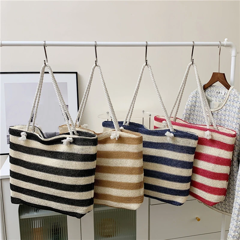 Ladies Summer Daily Bag Straw Shoulder Bag Trendy Color Contrast Beach Handbag Women Large Capacity Simple Shoulder Bag