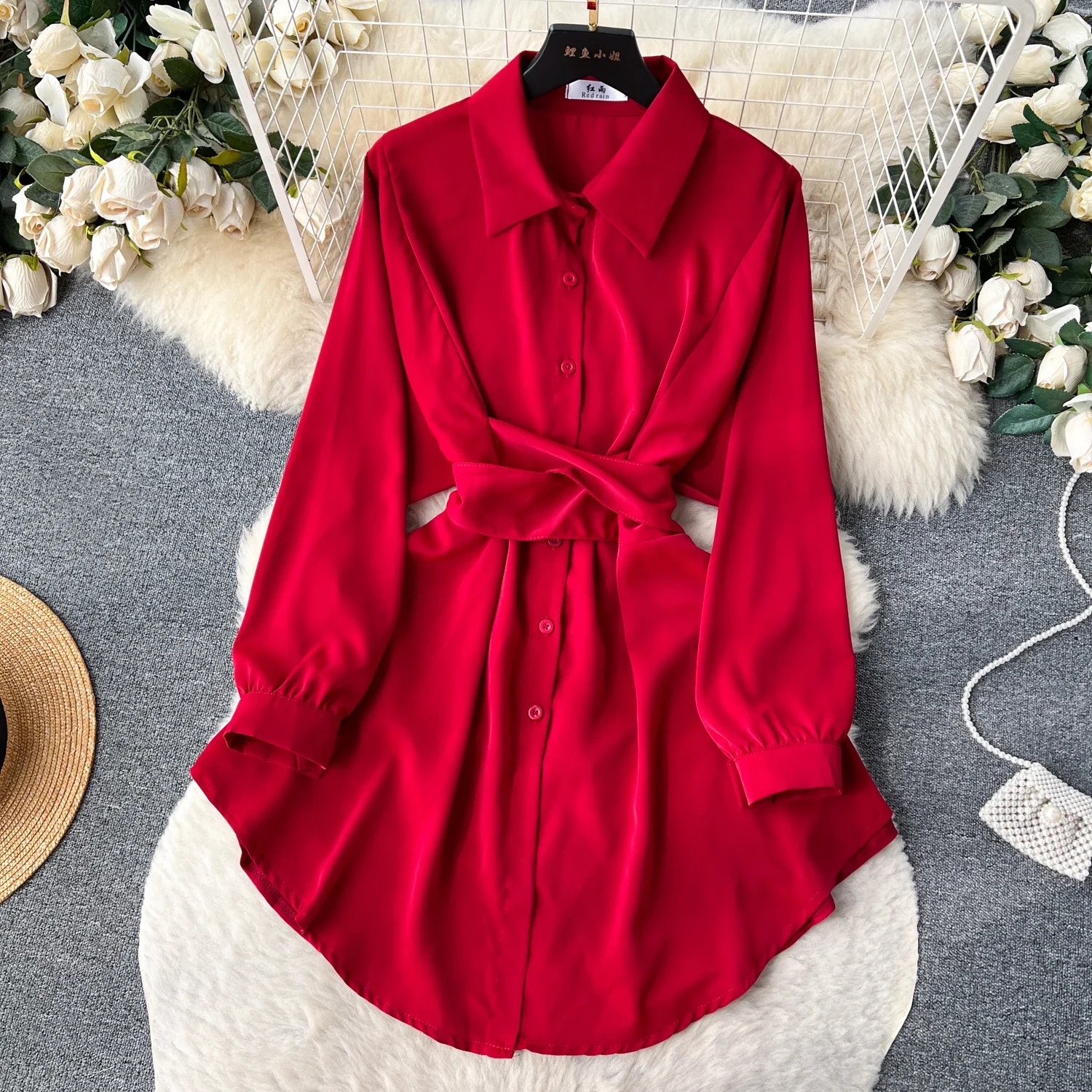 Sexy Lapel Long Sleeve Asymmetric Loose Dress Chic Elegant Vestidos Vintage Autumn Women Fashion  Dress