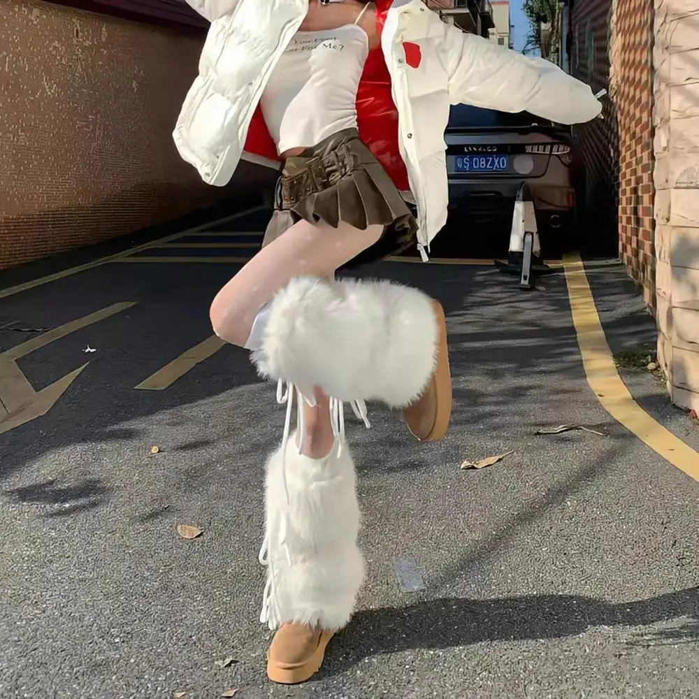 النساء الشتاء الدافئة التمهيد الأصفاد تدفئة الساق Harajuku JK الفتيات Bowknot فو الفراء واقي أحذية بلاستيك Y2K القوطي الجوارب سميكة أفخم الجوارب الطويلة