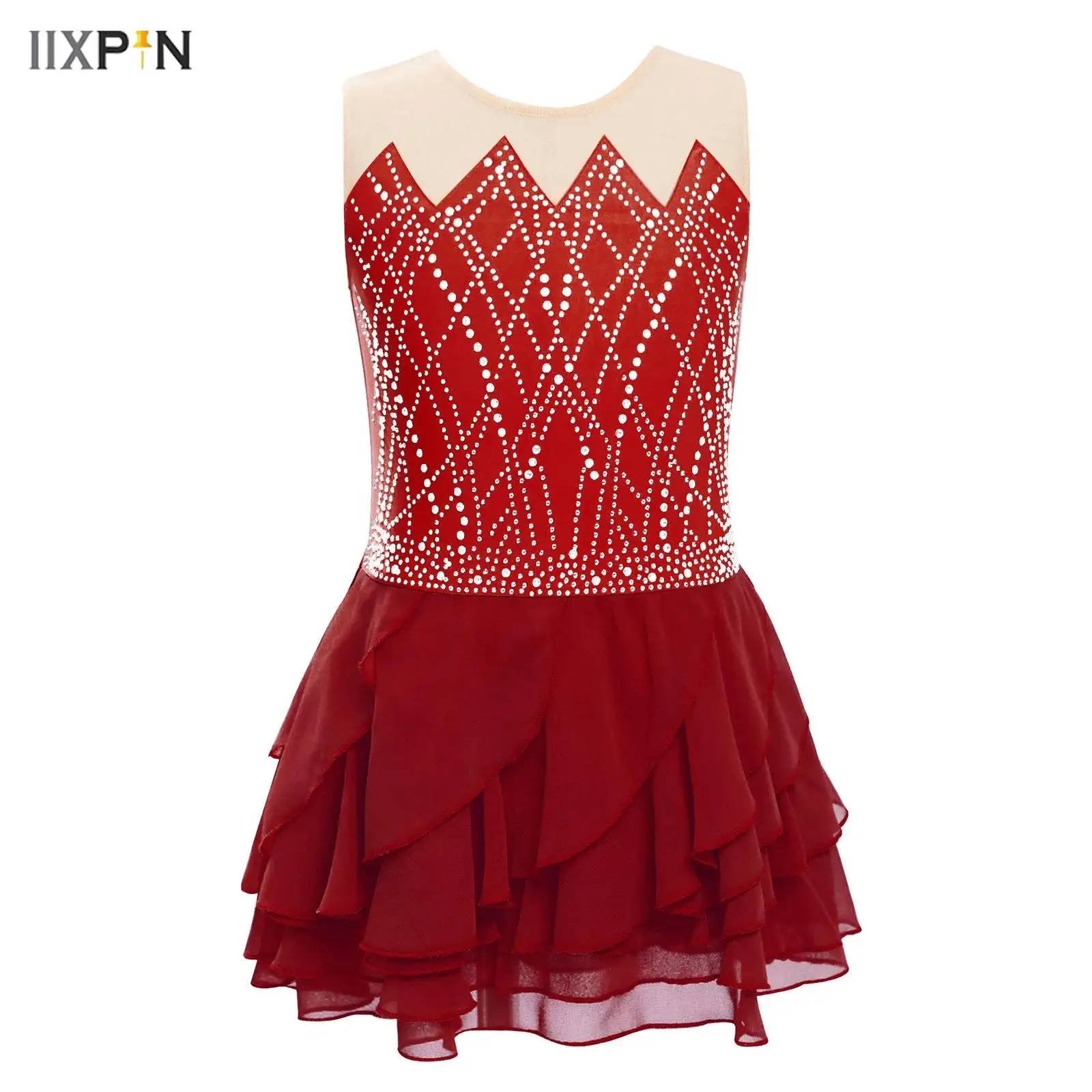 

Kids Girls Ballet Dress Figure Skating Gymnastics Dancewear Round Neck Sleeveless Shiny Rhinestones Tiered Ruffled Tutu Dress