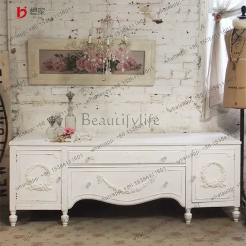 

French retro carved solid wood TV cabinet small apartment bedroom wall side cabinet storage locker