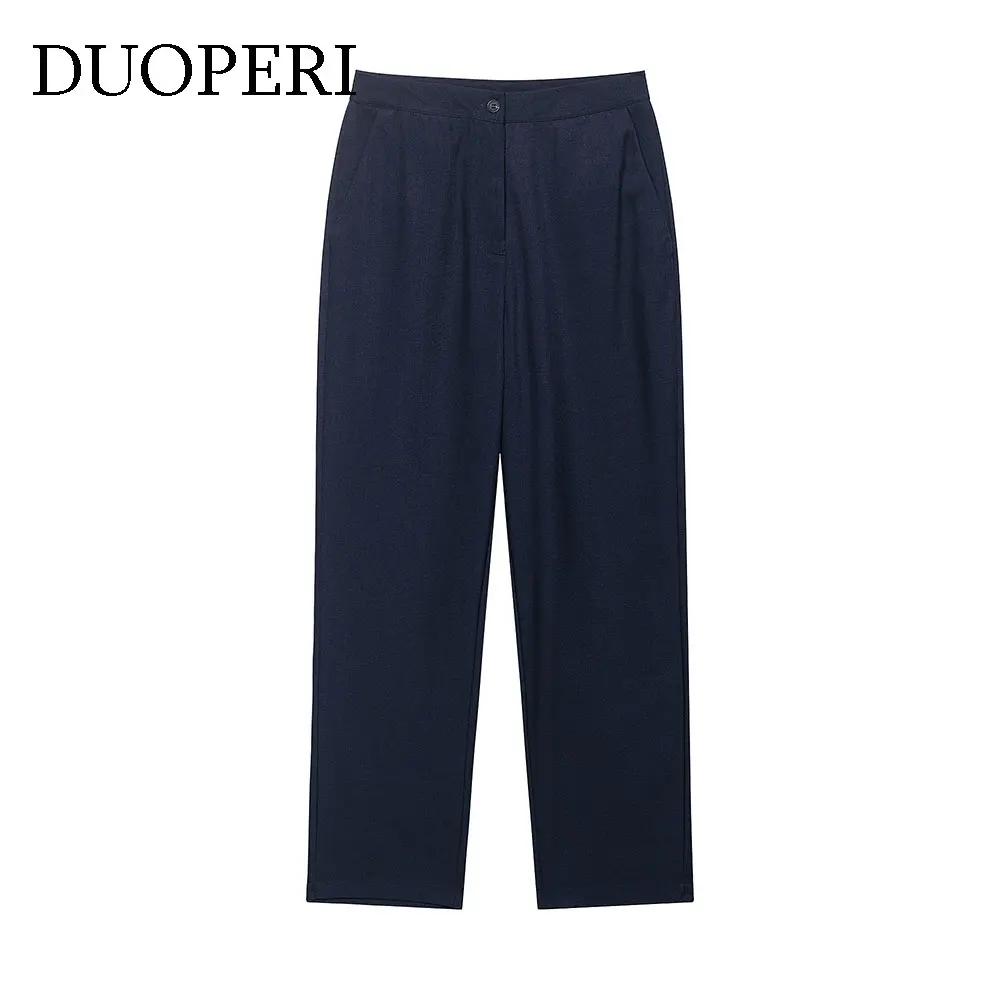 DUOPERI Women Fashion Navy Blue Front Zipper Straight Pants Casual High Waist Full Length Female Elegant Chic Lady Trousers