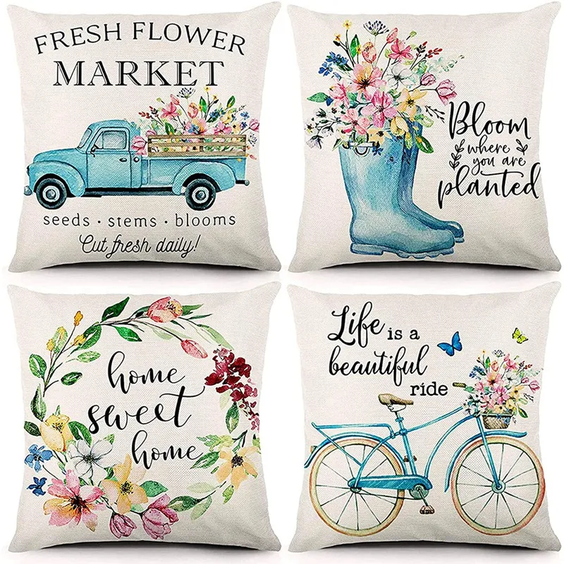 Spring Pillow Covers 18X18inch Throw Pillow Case Set Of 4, Farmhouse Cushion Case Home Decor