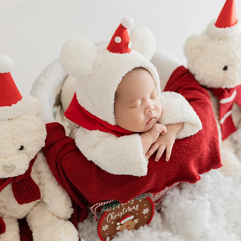 Baby Christmas Clothing For Photo Soft White Santa Bear Toys Newborn Photography Jumpsuit Hat Suit Photo Gingerbread Man Props