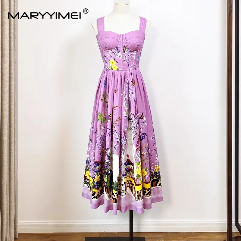 

MARYYIMEI Spaghetti Strap violet Floral Print Cotton Women's dress