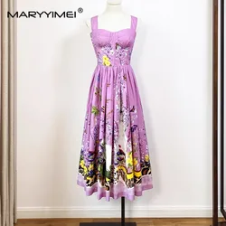 MARYYIMEI Spaghetti Strap violet Floral Print Cotton Women's dress