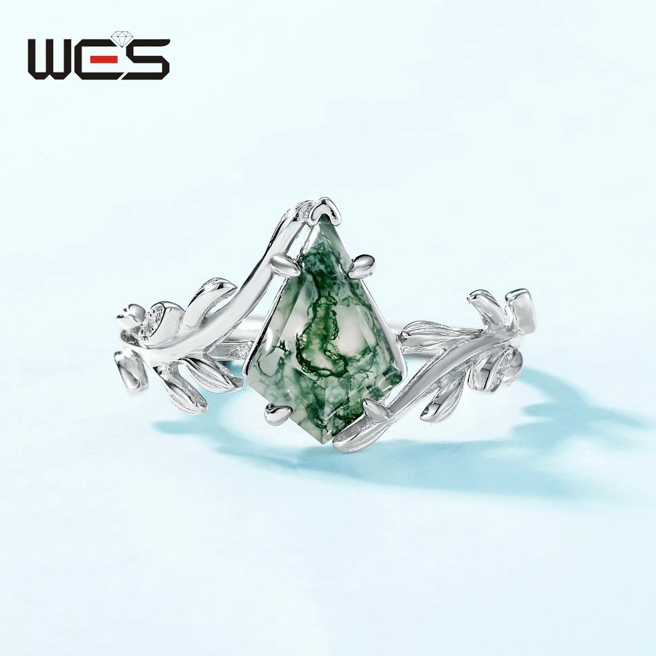 WES 925 Sterling Silver Natural Moss Agate Olive Branch Rings for Women Gemstone 8*12mm Wedding Gifts Certified Luxury Jewelry