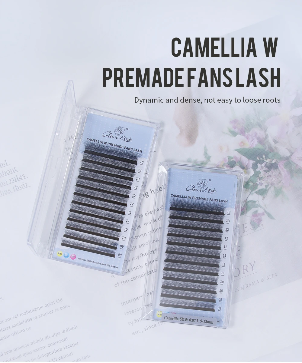 GLAMLASH C/D/L/LU/M Camellia 4D 5D W Wimpernverlängerung Großhandel vorgefertigtes Volumen 12 Reihen W-Stil Einzelwimpern natürlich weich – Detail 1