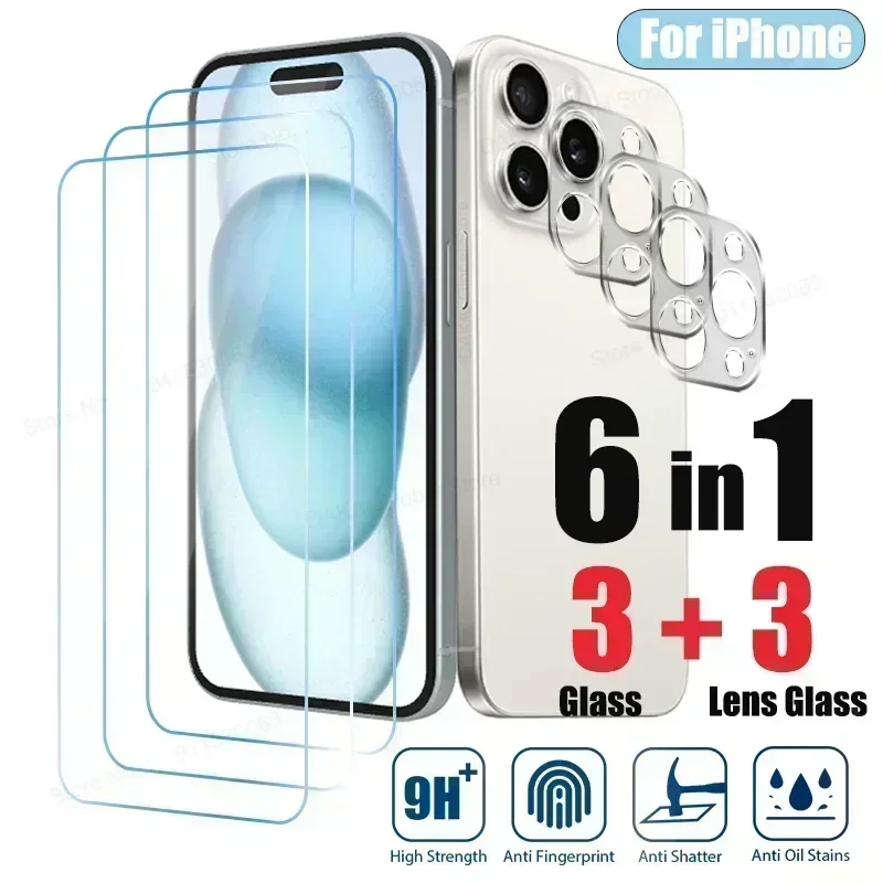 6IN1 Tempered Glass For iPhone 14 15 13 12 11 Pro Max SE 2020 Camera Screen Protector For iPhone 15 14 Plus 13 12 Mini Len glass