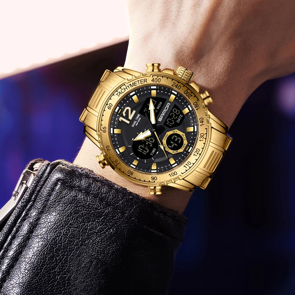 SANDA Top Brand Luxury Chronograph Men Watches Gold Steel Sport  Digital Analog Big Quartz Watch for Man relogio masculino