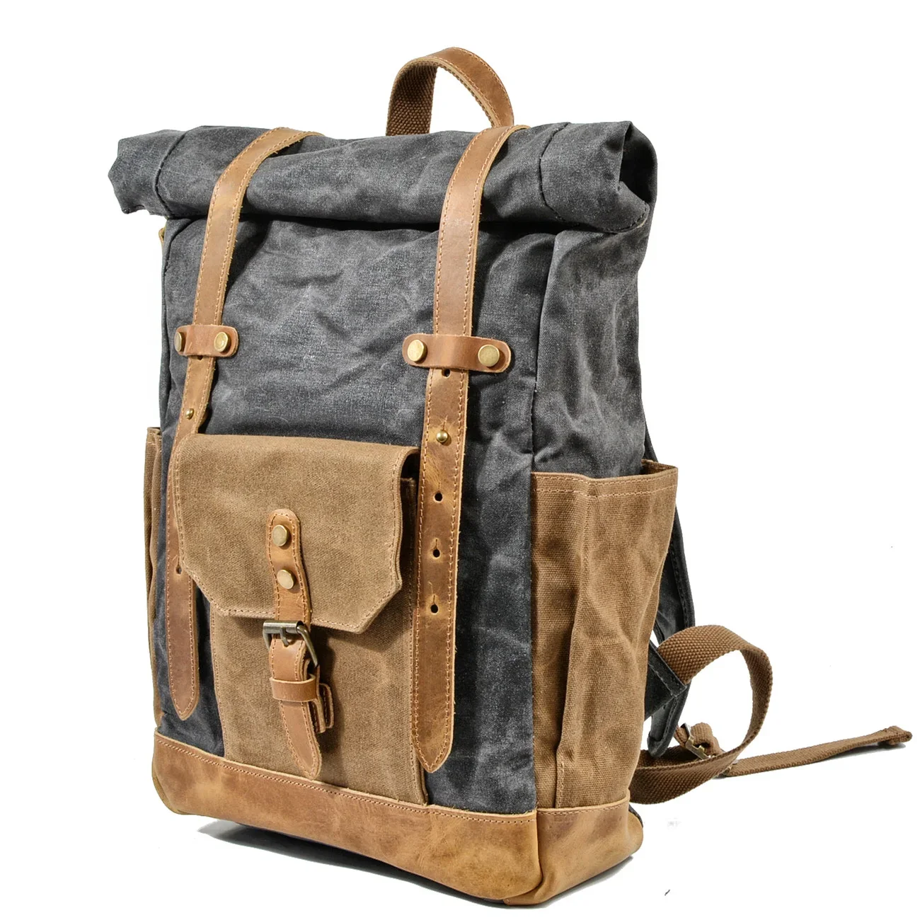 Vintage hit color batik waterproof canvas with cowhide outdoor travel backpack computer bag large capacity ladies rucksack