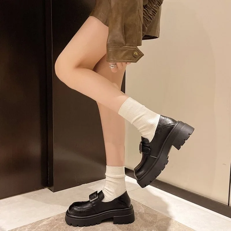 Women Vintage Square Buckle Platform Loafers Slip‑On Shoes Ladies Chunky Thick Sole Round Toe Casual Office Footwear