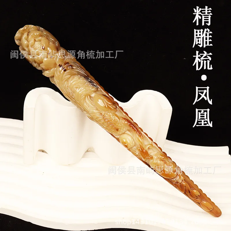 Handmade Carved Pattern Horn Comb Massage Hammer Whole Horn Cat Waist Comb One Picture Gift Box