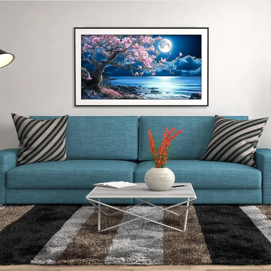 Magnolia Flowers 5D Diamond Painting Moon Blue Lake Scenery Diamond Embroidery Cross Stitch Mosaic Big size Home Decoration