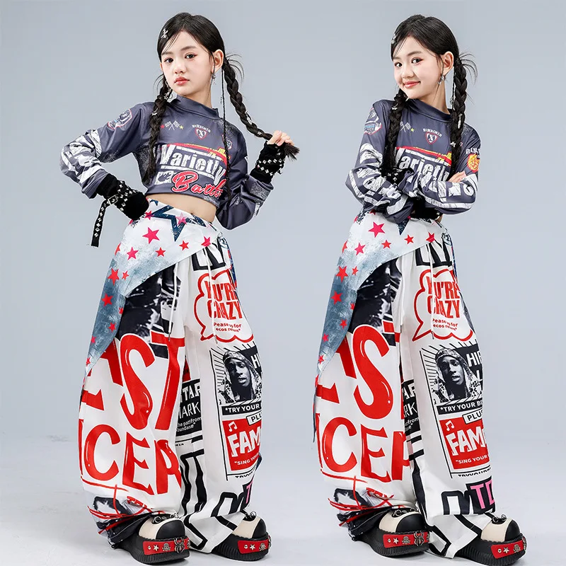 Kid Kpop Hip Hop Clothing Gray Black Print Crop T Shirt Top White Graffiti Dopamine Pants for Girl Street Dance Costume Clothes view 3