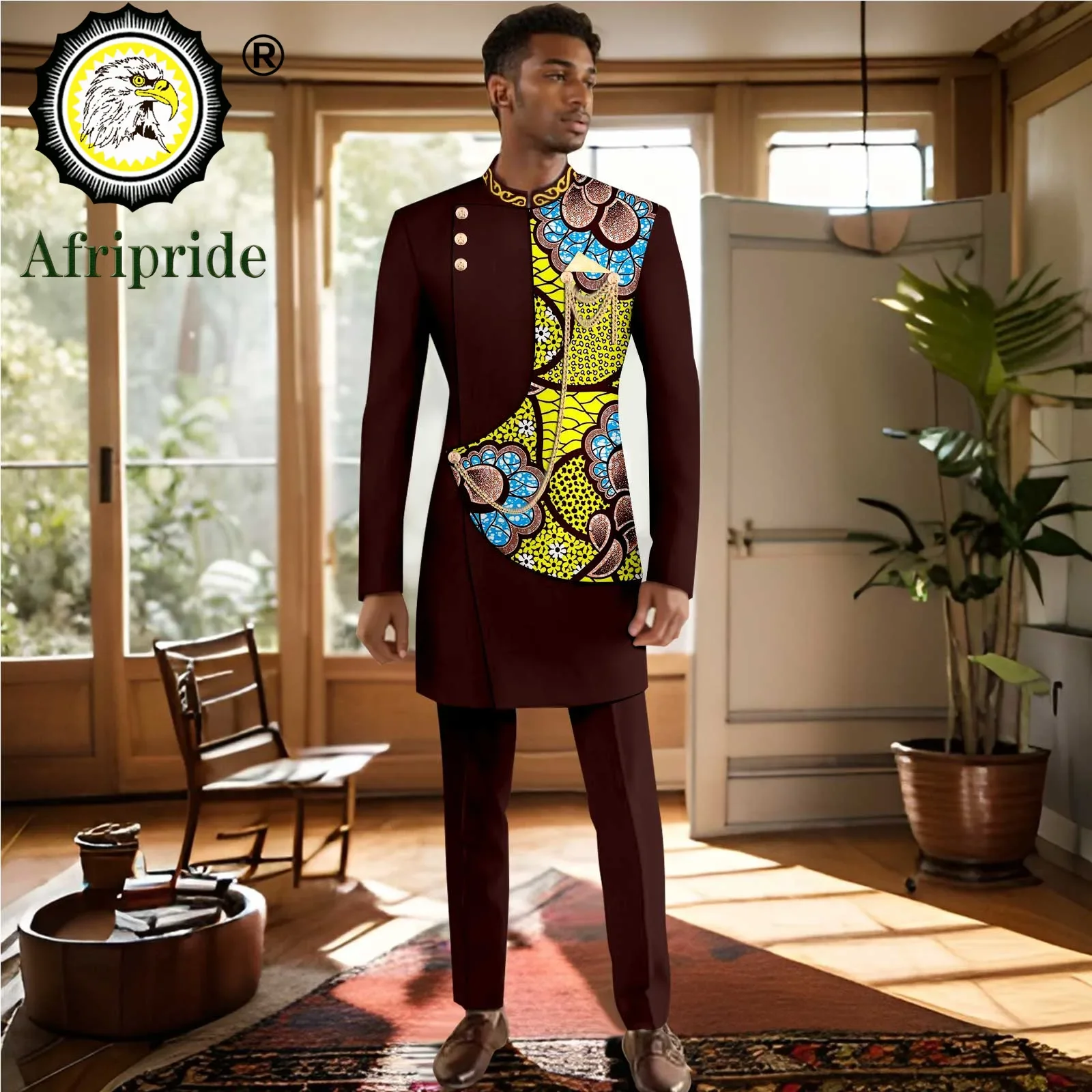 Men`s Suit Slim Fit Embroidery Gold Chain Single Breasted Blazer and Trousers 2 Piece Set Print Outfits African Clothes 2416062