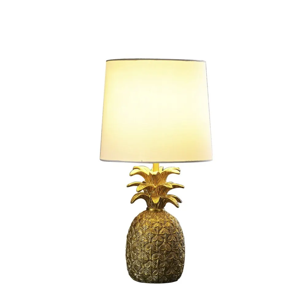 17" In Golden Brass Tropical Heahea Pineapple Table Lamp,Brass gold resin/white cotton/linen,half drum lampshade