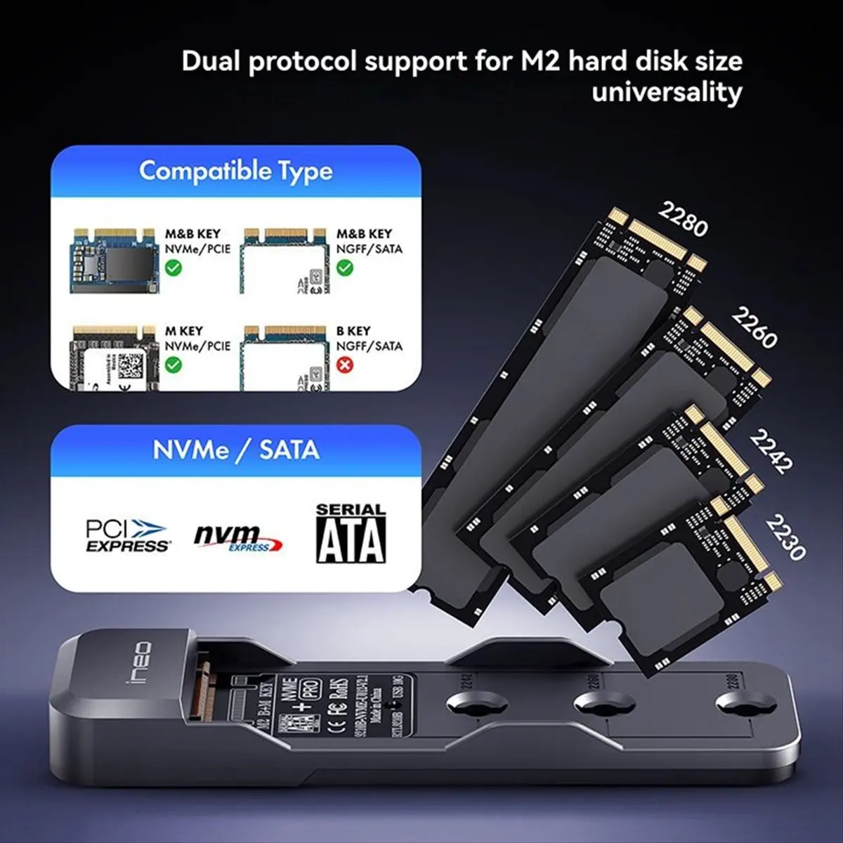 A46U INEO M.2 NVMe & SATA SSD Case USB C 20Gbps SSD Case, Tool-Free Supports 2280 2260 2242 2230 M.2 SSD