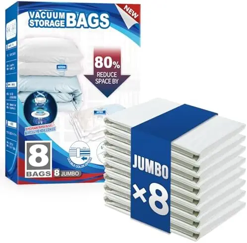 

TAILI Набор из 8 больших вакуумных пакетов для хранения 40x31 дюймов для одеял, пледов, подушек – Компактные герметичные пакеты для экономии места