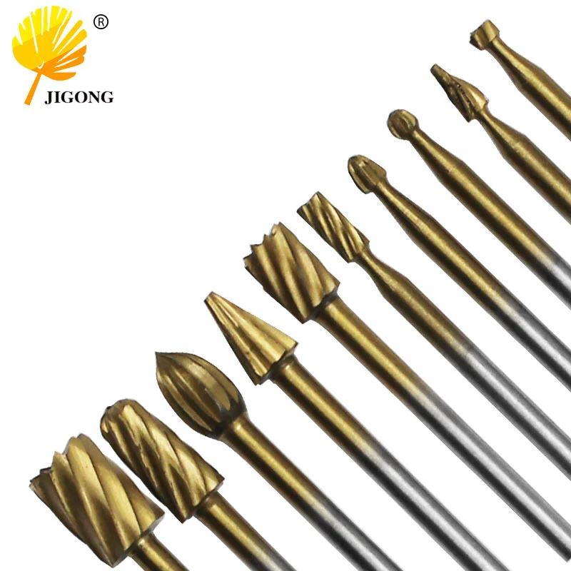 10-Piece set of electric grinding accessories, woodworking high-speed steel rotary file, titanium-plated woodworking milling cut