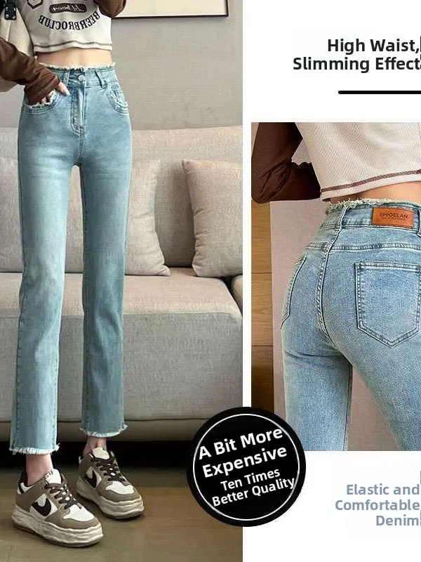

High Waist Straight Leg Jeans Women's Spring New Cropped Blue PU Fabric mid Stretch Cleanfit Sle for Middle-Aged Women