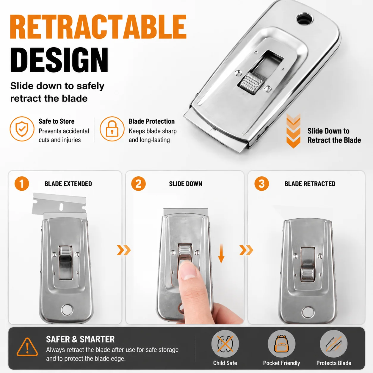 Retractable Razor Blade Scraper Removable Sticker Glue Remover Stainless Steel Paint Scraper Tool for Car Glass Wall Cleaning