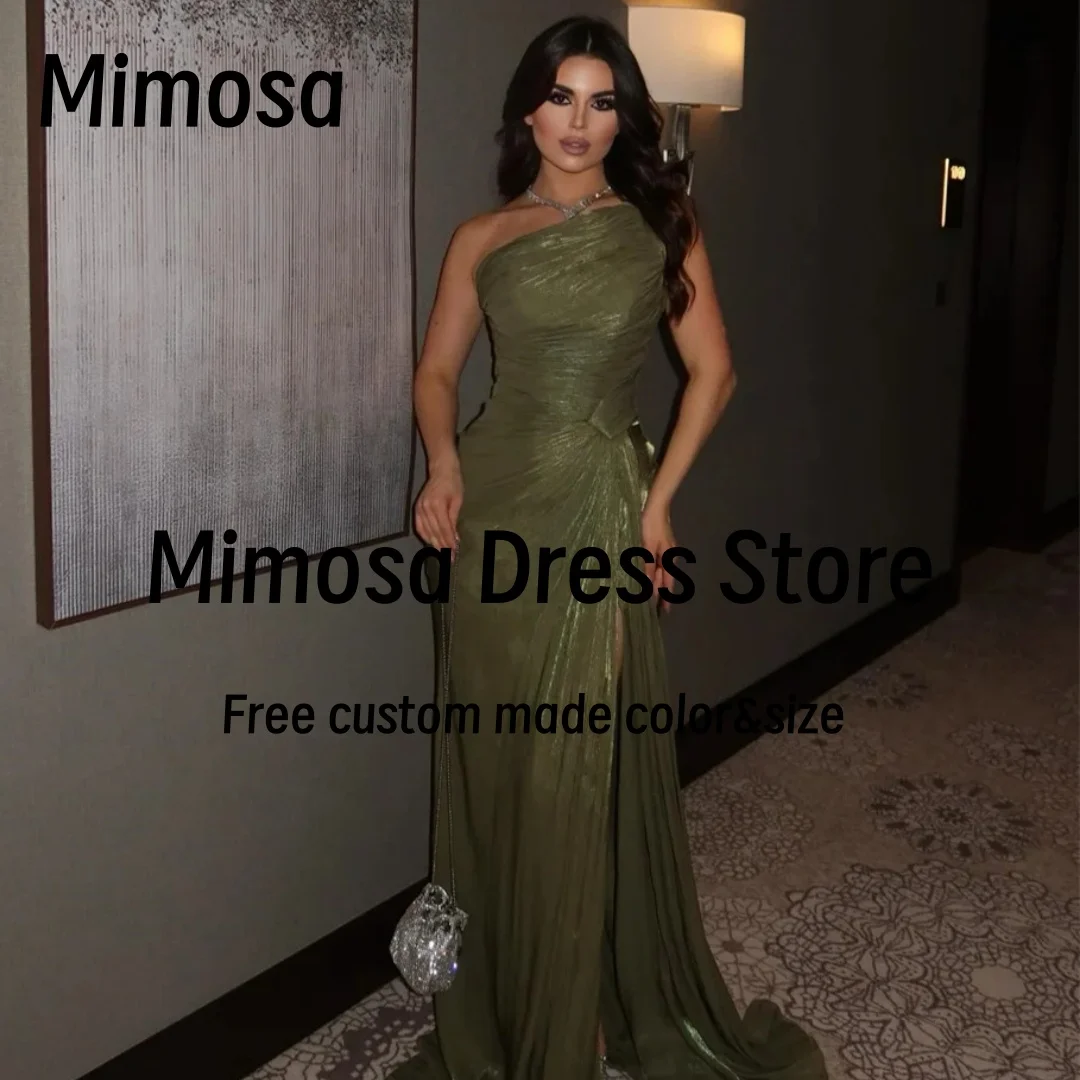 

Mimosa Modern Girls Wear One Shoulder Prom Dresses Long Ruched Side Slit Wedding Party Saudi Arabia Evening Dress Customized