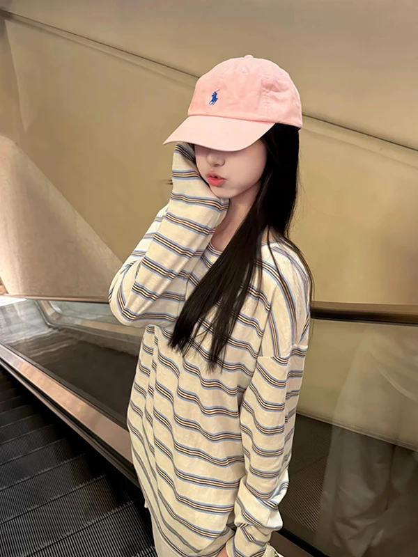 

Retro Korean Style Long Sleeve T-Shirt Women's Loose Slimming Design Casual Top Color Block Striped Spring Summer Fashion